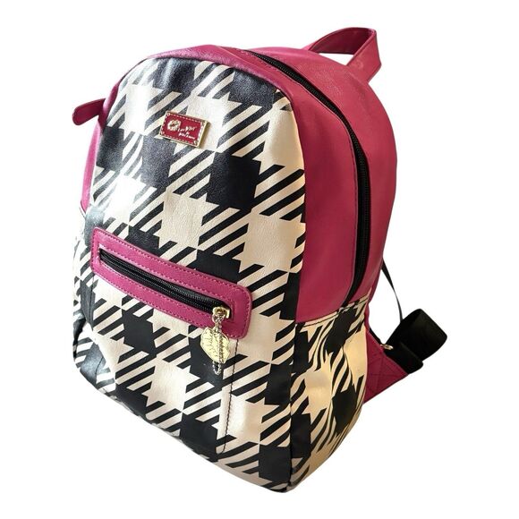 Betsey Johnson Backpack Plaid Black White Pink Adjustable Straps - Picture 1 of 11